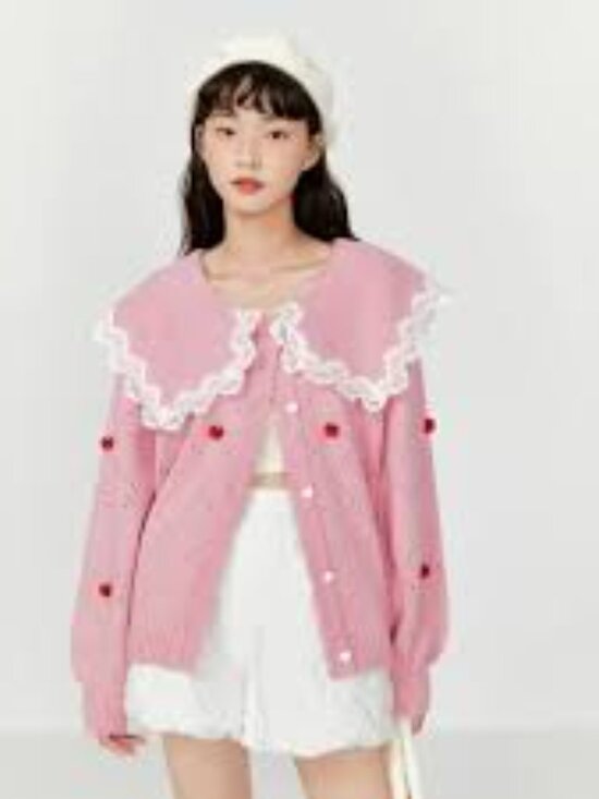 Ledin Sweaters - Ledin Sweet Strawberry Sweater Coat - 3D Strawberries Lace Collar - Fabulous!!